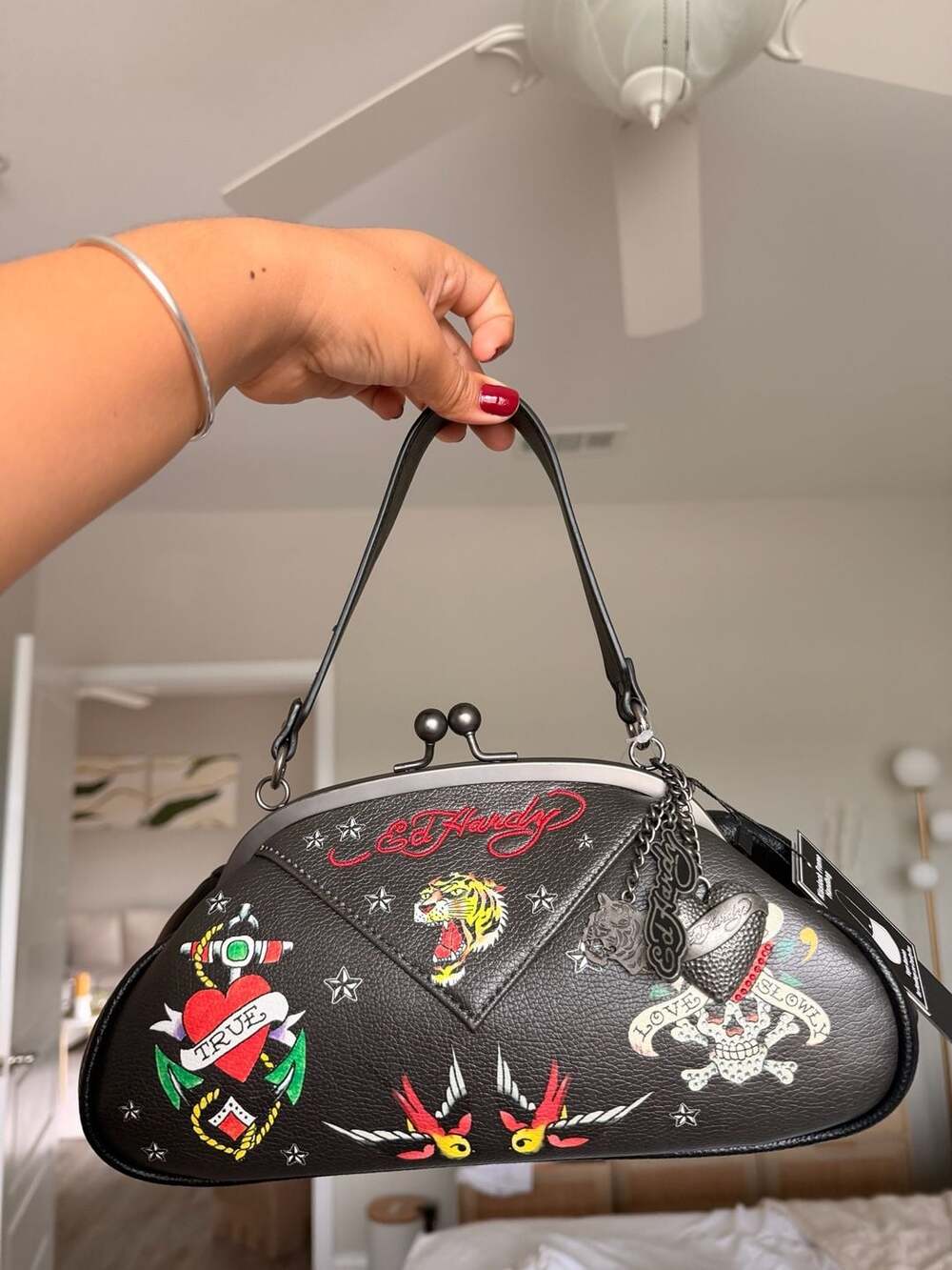Ed Hardy Black Tattoo Print Kisslock Handbag with Charms